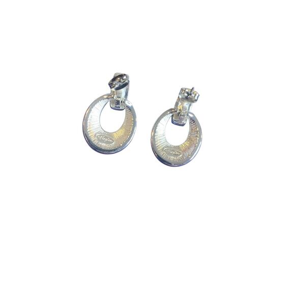 Signed Napier Post Pierced Earrings Doorknocker Silvertone Rhinestone - Picture 8 of 8